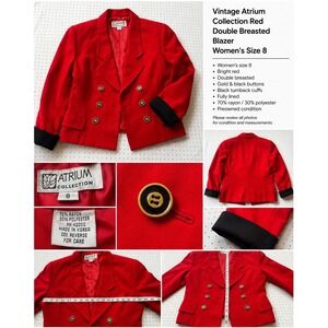 Vintage Atrium Collection Red Double Breasted Blazer Womens 8 Gold Button Jacket